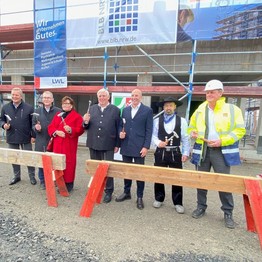 Mehrere Männer und eine Frau stehen mit einsatzbereiten Hämmern vor einem Nagelbalken. (Bild: LWL/SchuFi)