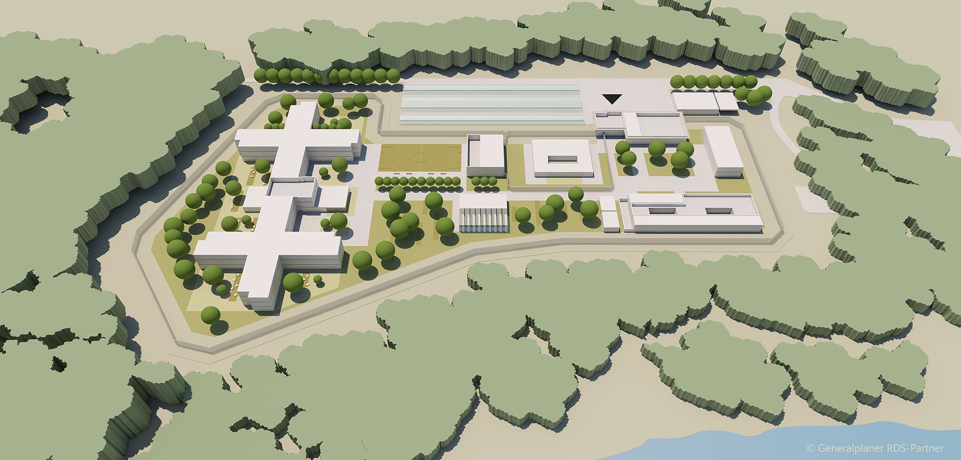 Visualisierung eines Gebäudeensembles an einem Fluss, umgeben von einer Zaunanlage und Wald (Visualisierung: Generalplaner RDS Partner)